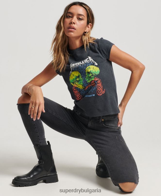 Superdry облекло N00H2611 черен Жени тениска с капачка и ръкав на metallica