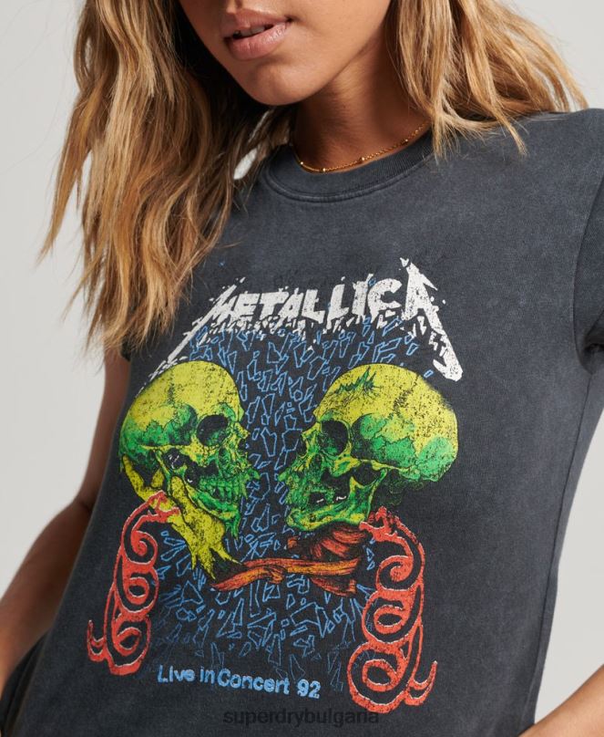 Superdry облекло N00H2611 черен Жени тениска с капачка и ръкав на metallica