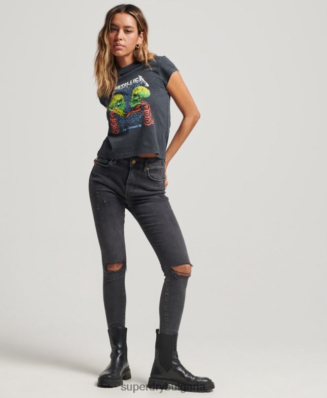 Superdry облекло N00H2611 черен Жени тениска с капачка и ръкав на metallica