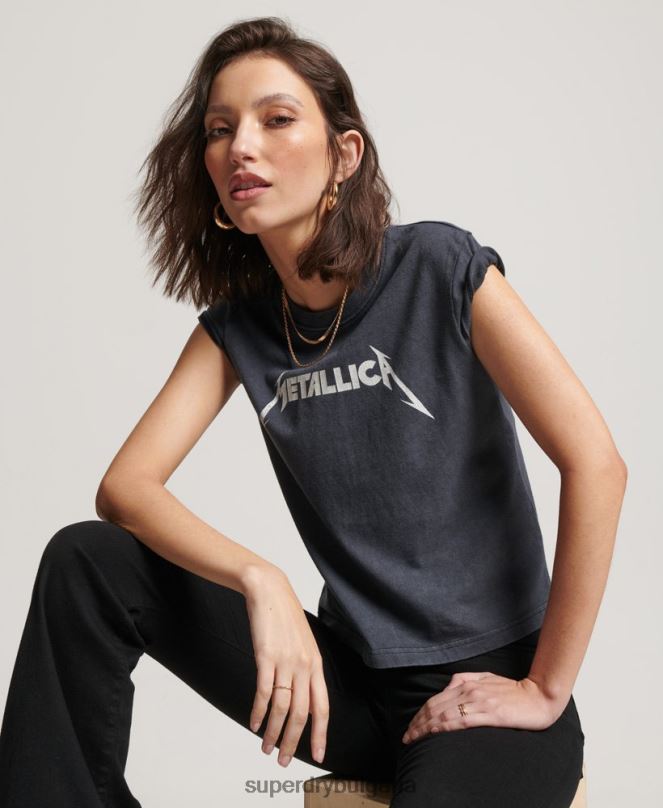 Superdry облекло N00H2613 черен Жени тениска с капачка и ръкав на metallica