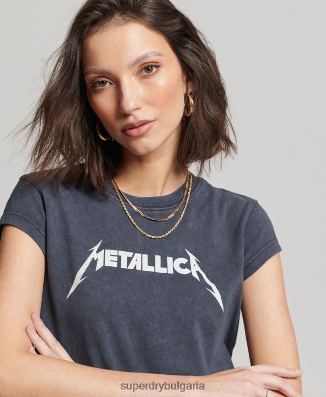Superdry облекло N00H2613 черен Жени тениска с капачка и ръкав на metallica