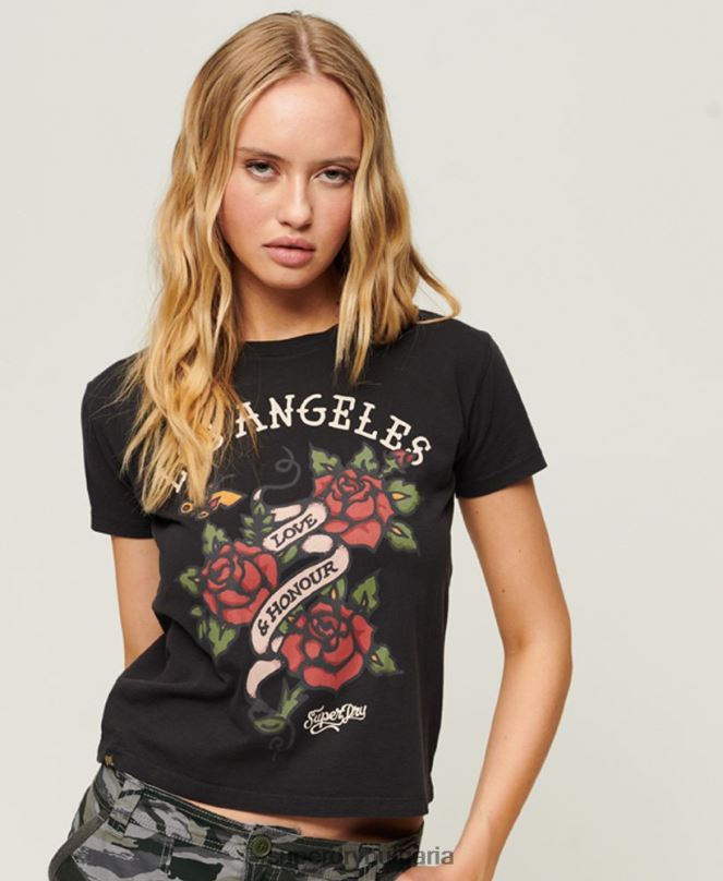 Superdry облекло N00H2616 черен Жени тениска с татуировка в стил 90-те