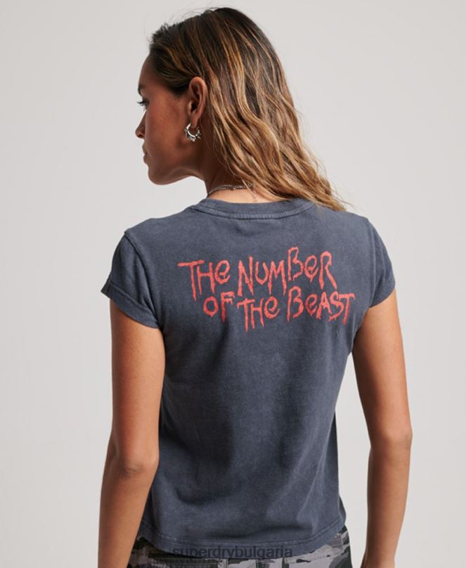 Superdry облекло N00H2625 тъмно сив Жени Iron Maiden тениска с лента с капачка и ръкав