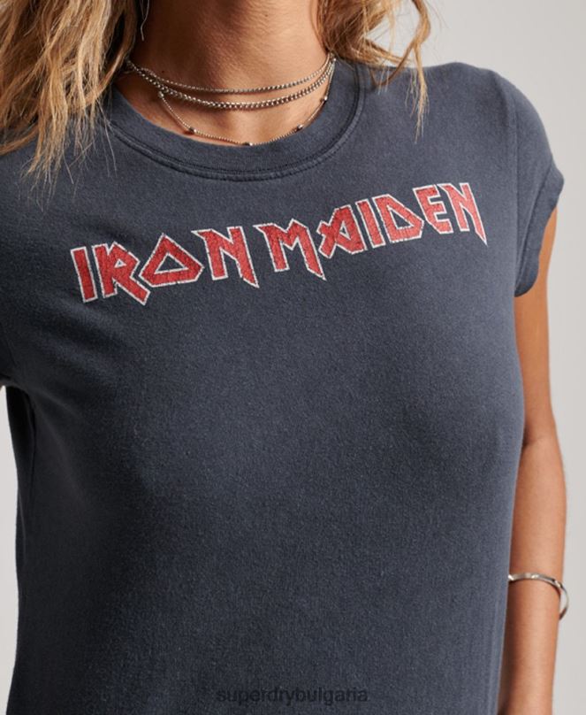Superdry облекло N00H2625 тъмно сив Жени Iron Maiden тениска с лента с капачка и ръкав