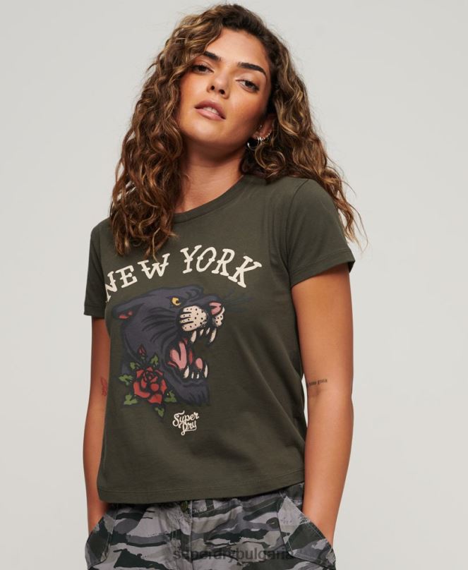 Superdry облекло N00H2627 зелено Жени тениска с татуировка в стил 90-те