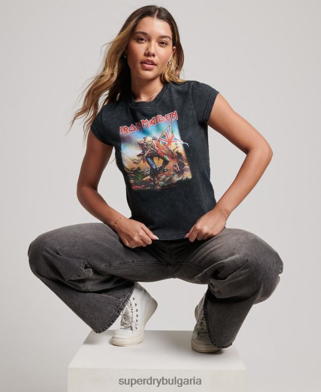 Superdry облекло N00H2628 черен Жени Iron Maiden тениска с лента с капачка и ръкав