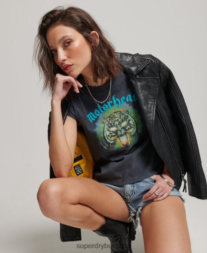 Superdry облекло N00H2642 черен Жени тениска с лента с капачка на motorhead