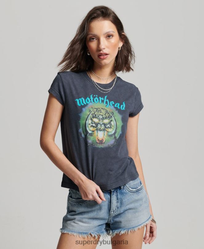 Superdry облекло N00H2642 черен Жени тениска с лента с капачка на motorhead