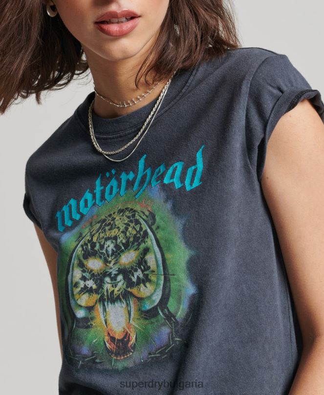 Superdry облекло N00H2642 черен Жени тениска с лента с капачка на motorhead