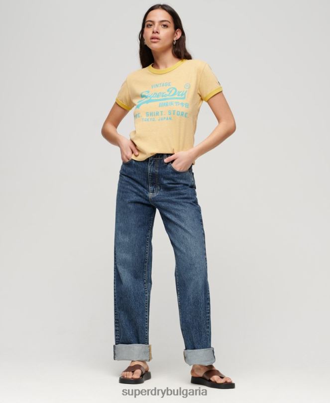 Superdry облекло N00H2643 жълто Жени тениска с неоново винтидж лого