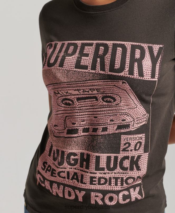 Superdry облекло N00H2658 тъмно сив Жени тениска с lo-fi плакат