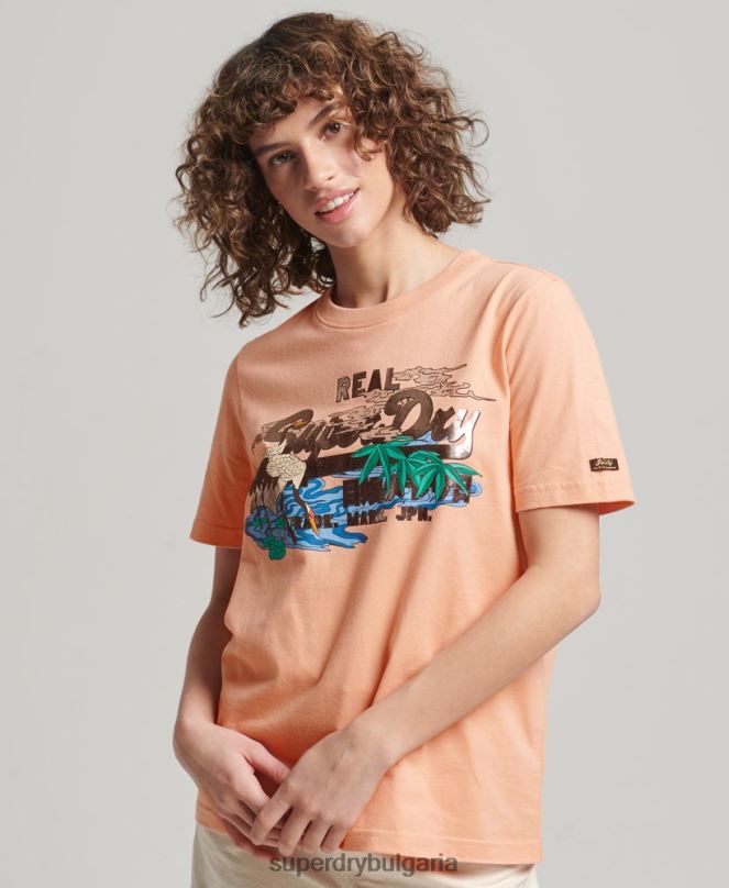 Superdry облекло N00H2679 оранжево Жени японска тениска с винтидж графично лого