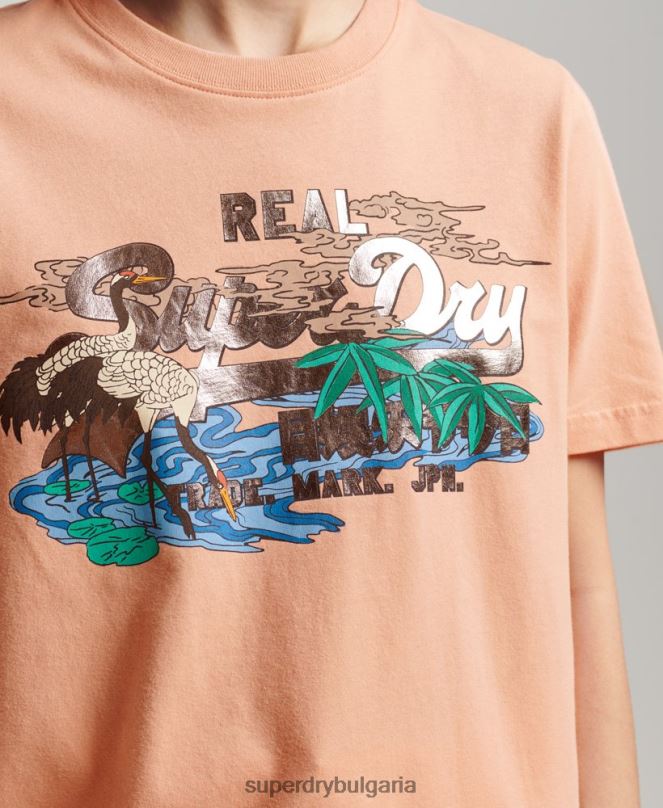 Superdry облекло N00H2679 оранжево Жени японска тениска с винтидж графично лого