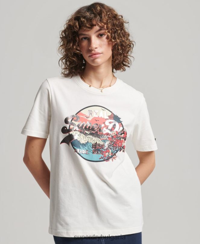 Superdry облекло N00H2680 бяло Жени японска тениска с винтидж графично лого