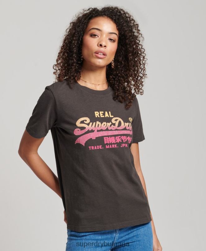 Superdry облекло N00H2682 тъмно сив Жени тениска с ретро лого