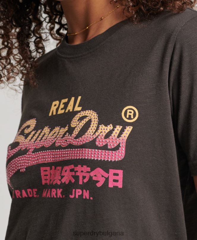 Superdry облекло N00H2682 тъмно сив Жени тениска с ретро лого