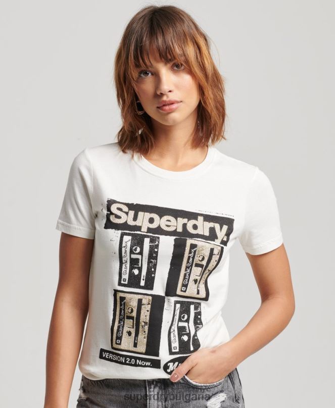 Superdry облекло N00H2688 сметана Жени тениска с lo-fi плакат