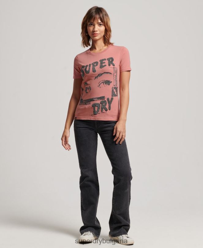 Superdry облекло N00H2698 розово Жени тениска с lo-fi плакат