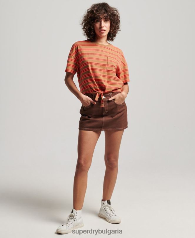 Superdry облекло N00H2707 кафяво Жени ретро тениска с квадратна вратовръзка от органичен памук