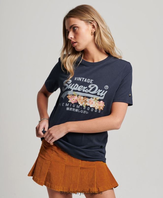 Superdry облекло N00H2714 военноморски флот Жени премиум тениска с ретро лого на цветя