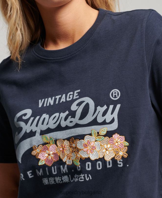 Superdry облекло N00H2714 военноморски флот Жени премиум тениска с ретро лого на цветя