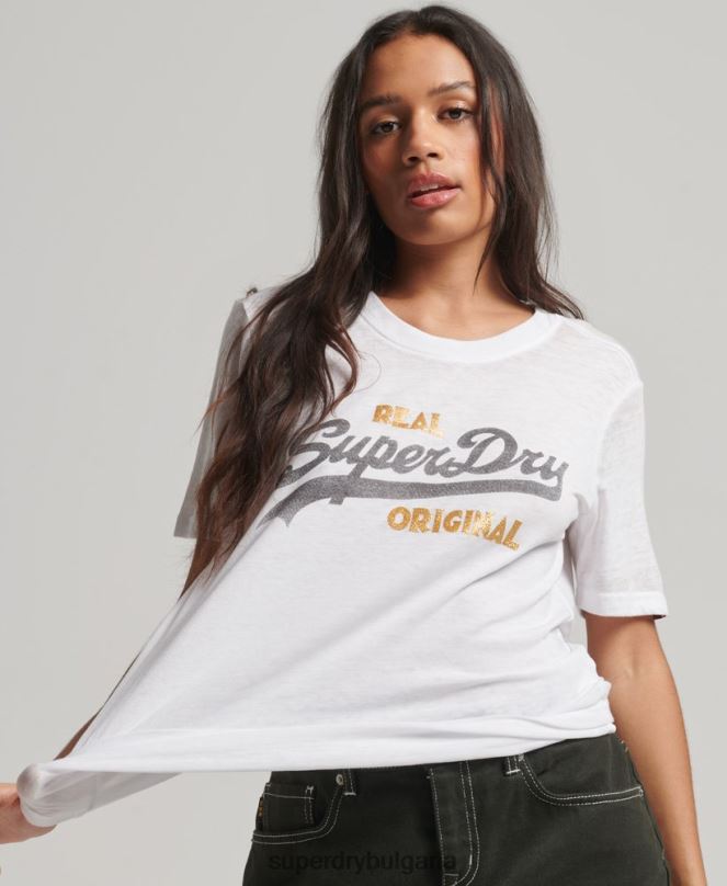 Superdry облекло N00H2715 бяло Жени ретро тениска с лого burnout