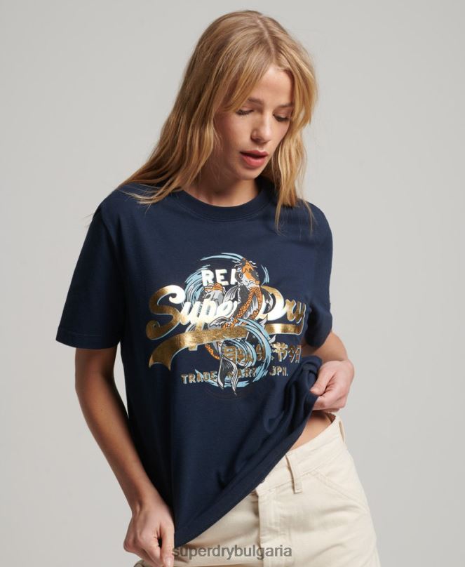 Superdry облекло N00H2720 военноморски флот Жени японска тениска с винтидж графично лого