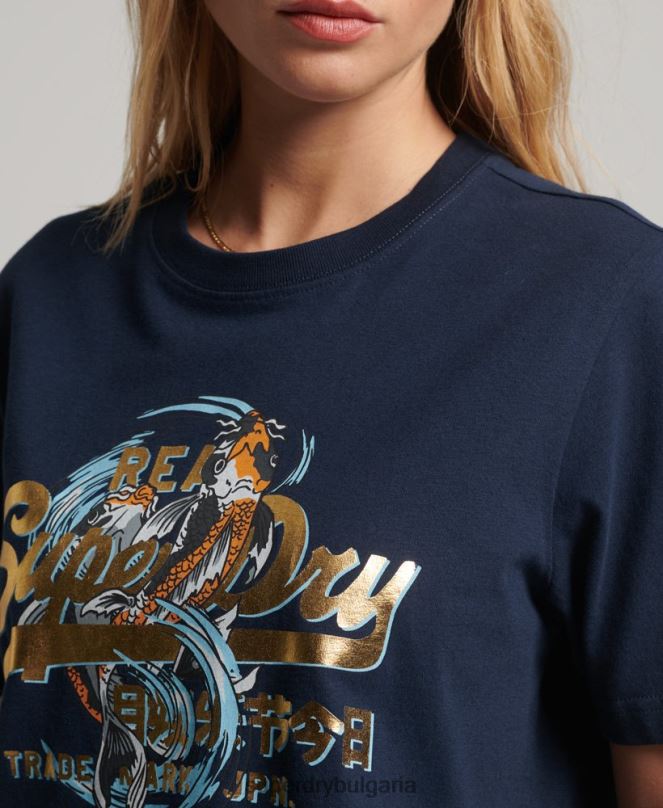 Superdry облекло N00H2720 военноморски флот Жени японска тениска с винтидж графично лого
