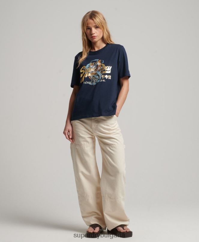 Superdry облекло N00H2720 военноморски флот Жени японска тениска с винтидж графично лого