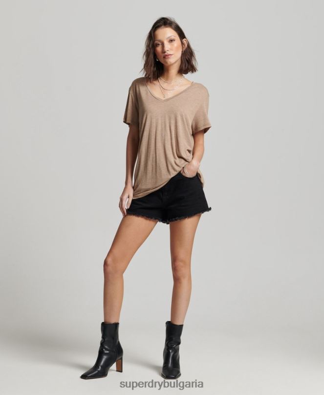 Superdry облекло N00H2730 тен Жени тениска с v-образно деколте
