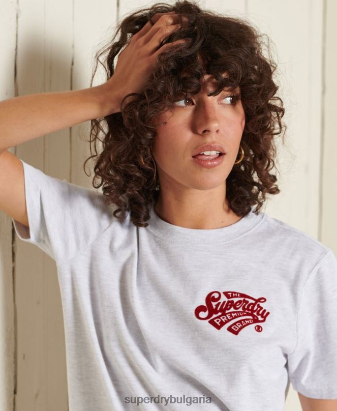 Superdry облекло N00H2775 светло сив Жени колежанска флокирана тениска в стил скрипт