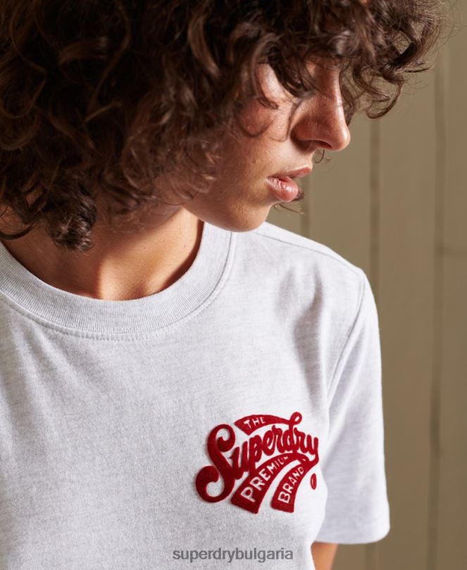 Superdry облекло N00H2775 светло сив Жени колежанска флокирана тениска в стил скрипт