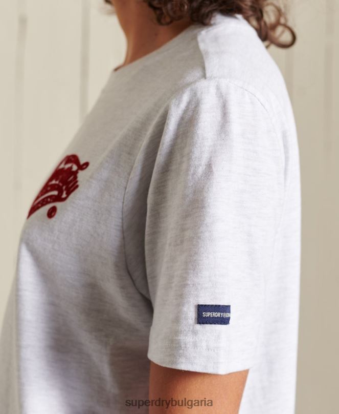Superdry облекло N00H2775 светло сив Жени колежанска флокирана тениска в стил скрипт