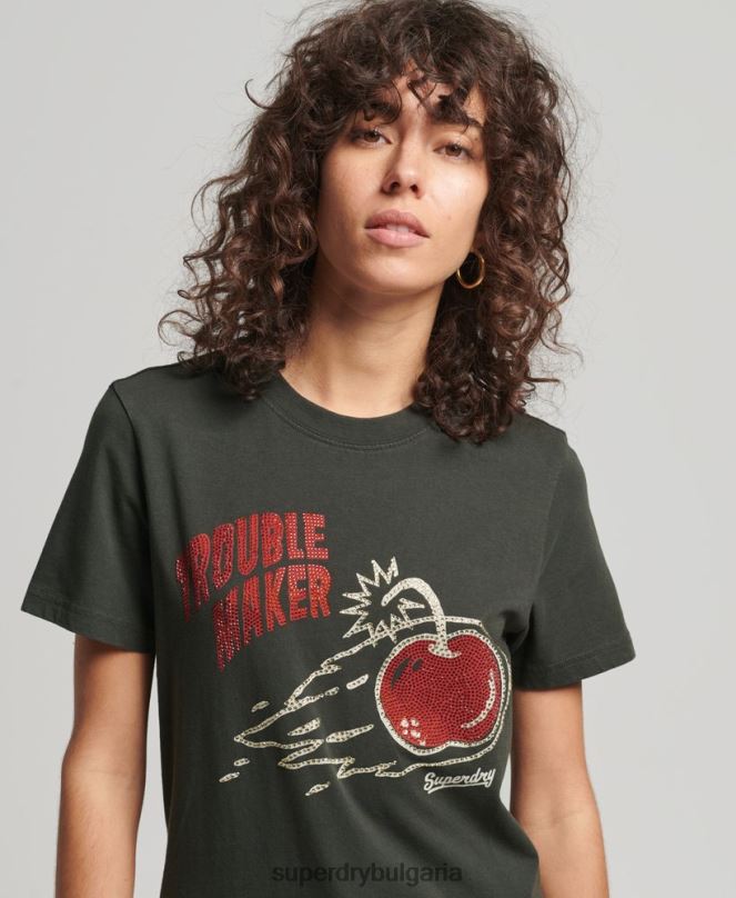 Superdry облекло N00H2786 тъмно сив Жени винтидж тениска с пресичане на линии със стрази