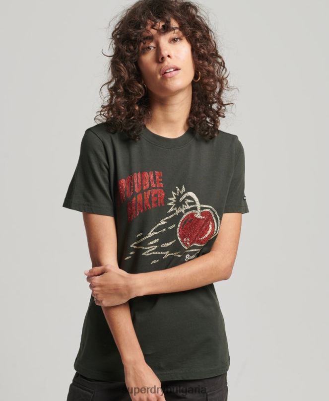 Superdry облекло N00H2786 тъмно сив Жени винтидж тениска с пресичане на линии със стрази