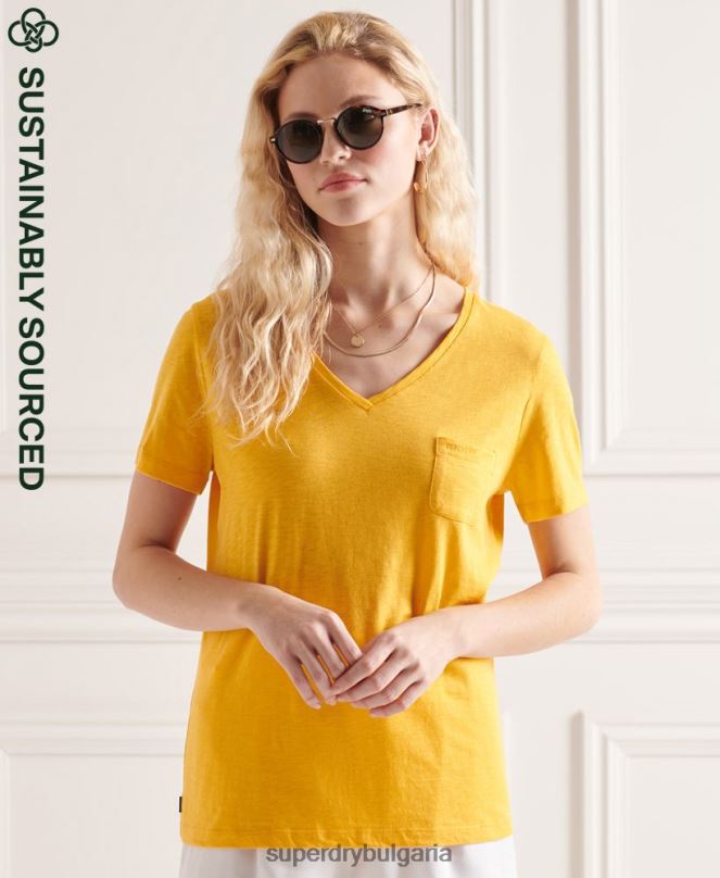 Superdry облекло N00H2792 жълто Жени тениска с v-образно деколте от органичен памук