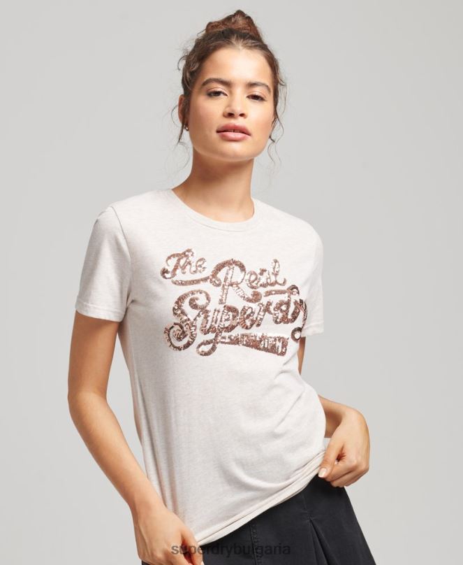 Superdry облекло N00H2796 бежово Жени истинската тениска с пайети