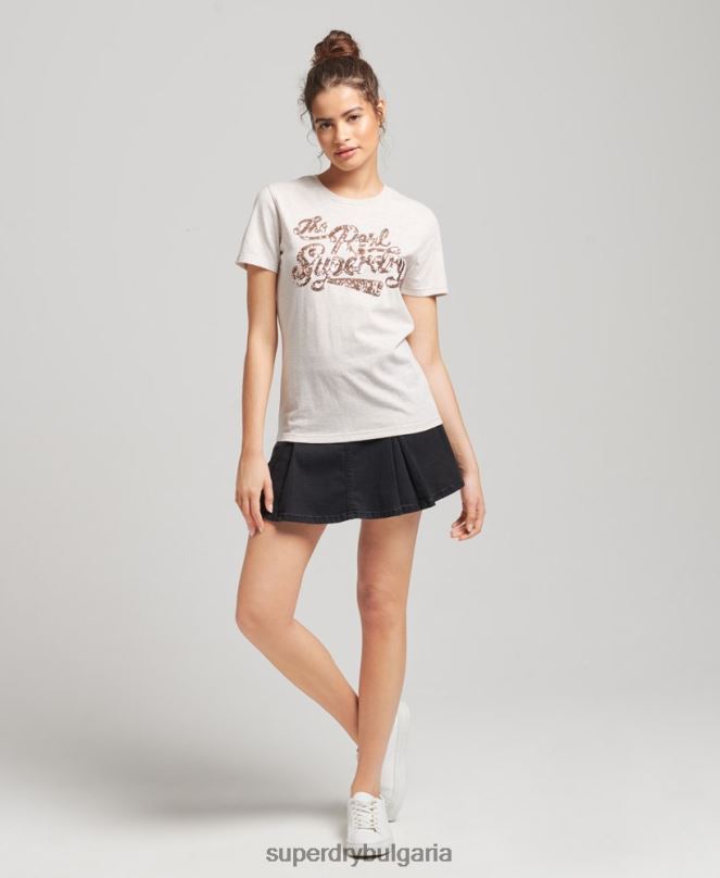Superdry облекло N00H2796 бежово Жени истинската тениска с пайети