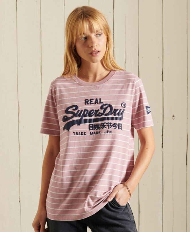 Superdry облекло N00H2804 розово Жени раирана тениска с винтидж лого източник