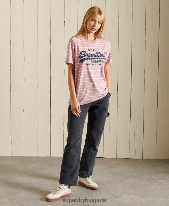 Superdry облекло N00H2804 розово Жени раирана тениска с винтидж лого източник