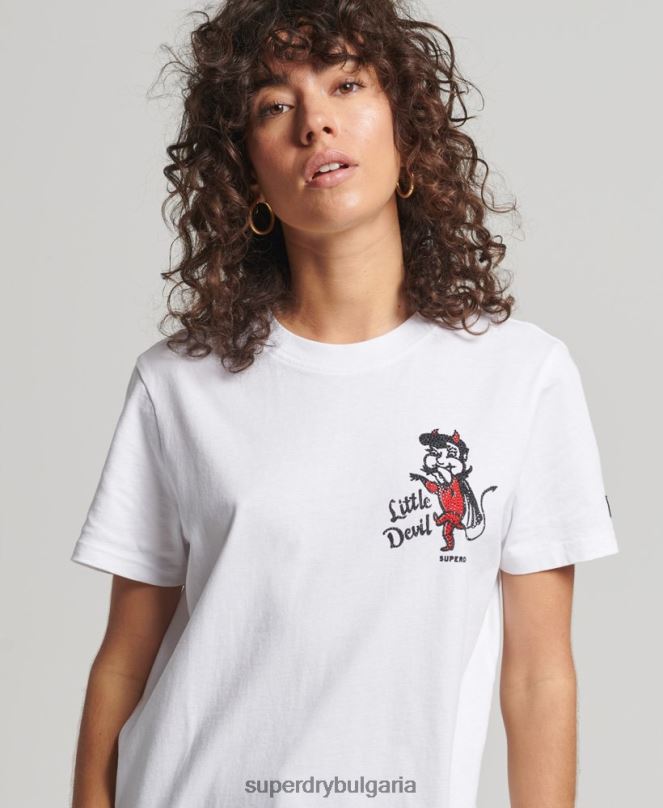 Superdry облекло N00H2823 бяло Жени винтидж тениска с пресичане на линии със стрази