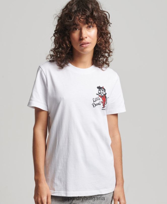 Superdry облекло N00H2823 бяло Жени винтидж тениска с пресичане на линии със стрази