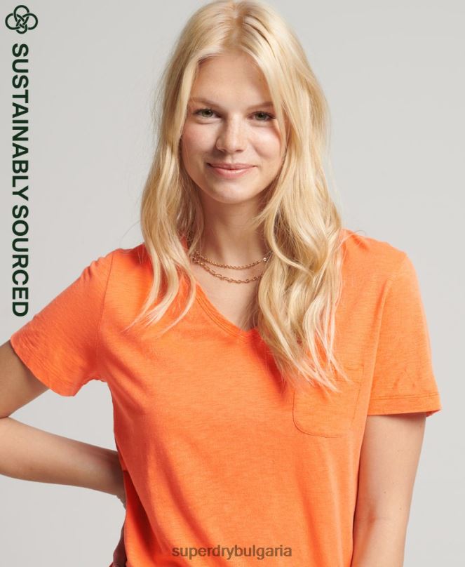 Superdry облекло N00H2826 оранжево Жени тениска с v-образно деколте от органичен памук