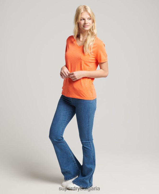 Superdry облекло N00H2826 оранжево Жени тениска с v-образно деколте от органичен памук