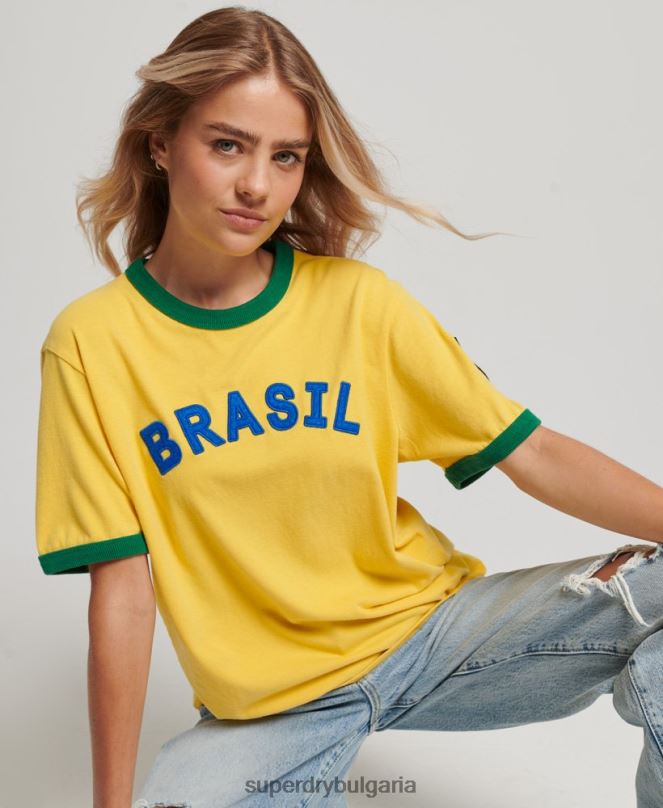 Superdry облекло N00H2828 жълто Жени ringspun тениска за мача на бразилския футбол