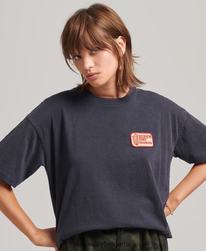 Superdry облекло N00H2836 военноморски флот Жени Свободна тениска с лого на 90-те
