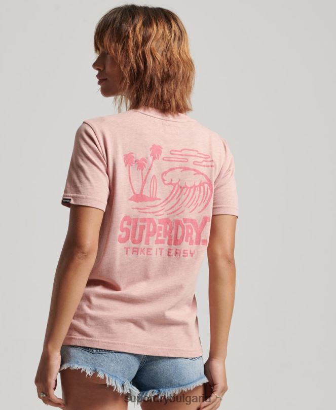 Superdry облекло N00H2840 розово Жени ретро тениска със стикери за пътуване