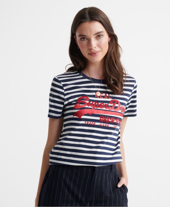 Superdry облекло N00H2864 военноморски флот Жени тениска с винтидж лого на сатенено райе