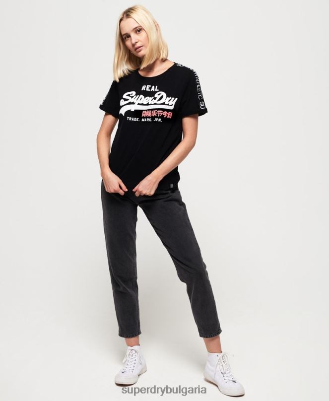 Superdry облекло N00H2866 черен Жени ретро тениска с лента за ръкави с лого