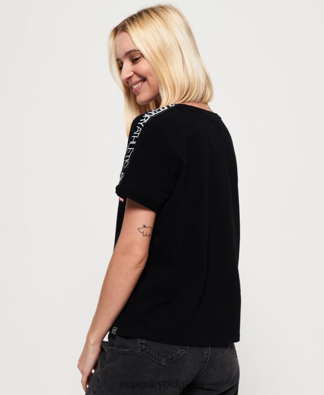 Superdry облекло N00H2866 черен Жени ретро тениска с лента за ръкави с лого
